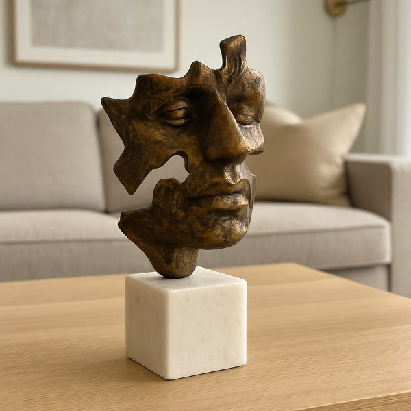 Lyxig Abstrakt Ansiktsskulptur / Konstföremål i Guldfärg på Marmorbas - Antik Brons