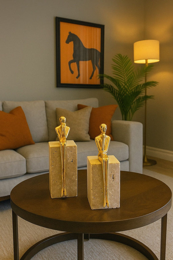 Lyxigt Dekorativt Set Tänkande / Blyg Man Figur på Travertin Bas (2-pack)