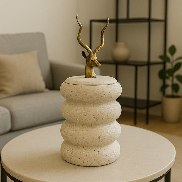 Lyxigt Dekorativt Föremål med Lock i Travertin Look / Hjorthuvud Figur