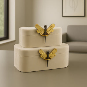 Lyxig Dekorativ Låda Set med Fjärilsfigur - Kräm (2-pack)