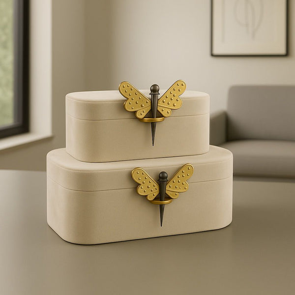 Lyxig Dekorativ Låda Set med Fjärilsfigur - Kräm (2-pack)