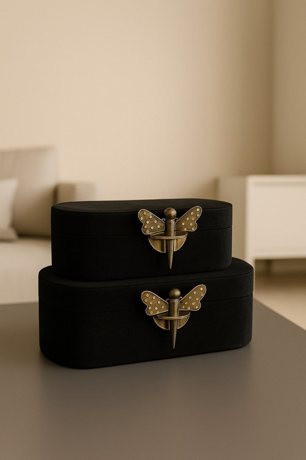 Lyxig Dekorativ Låda Set med Fjärilsfigur - Svart (2-pack)