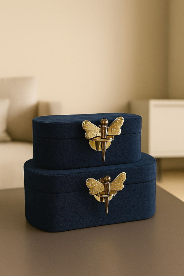 Lyxig Dekorativ Låda Set med Fjärilsfigur - Marinblå (2-pack)
