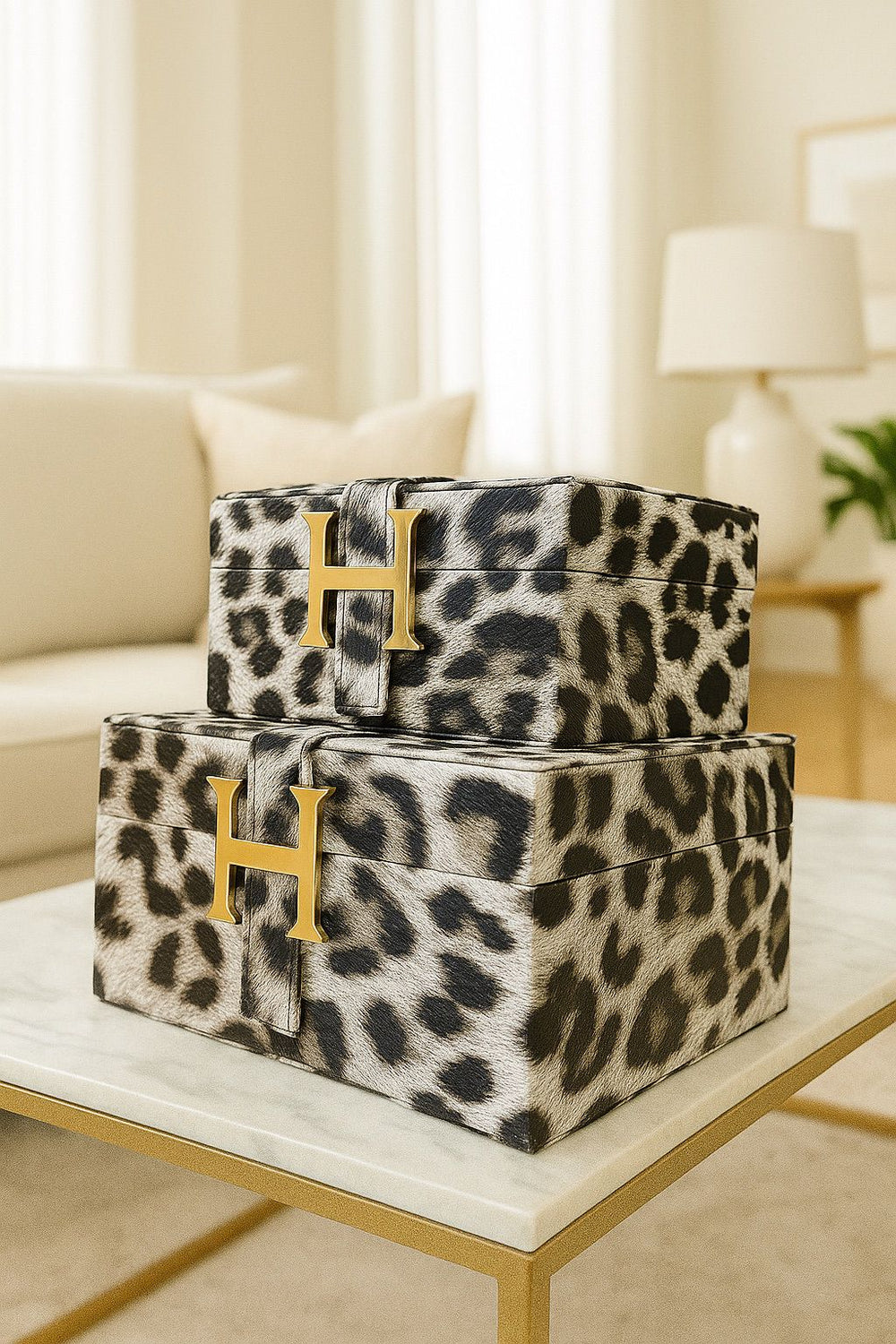 Lyxig Dekorativ Läderlåda Set H-Modell med Leopardmönster - Vit (2-pack)