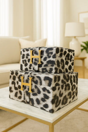 Lyxig Dekorativ Läderlåda Set H-Modell med Leopardmönster - Vit (2-pack)
