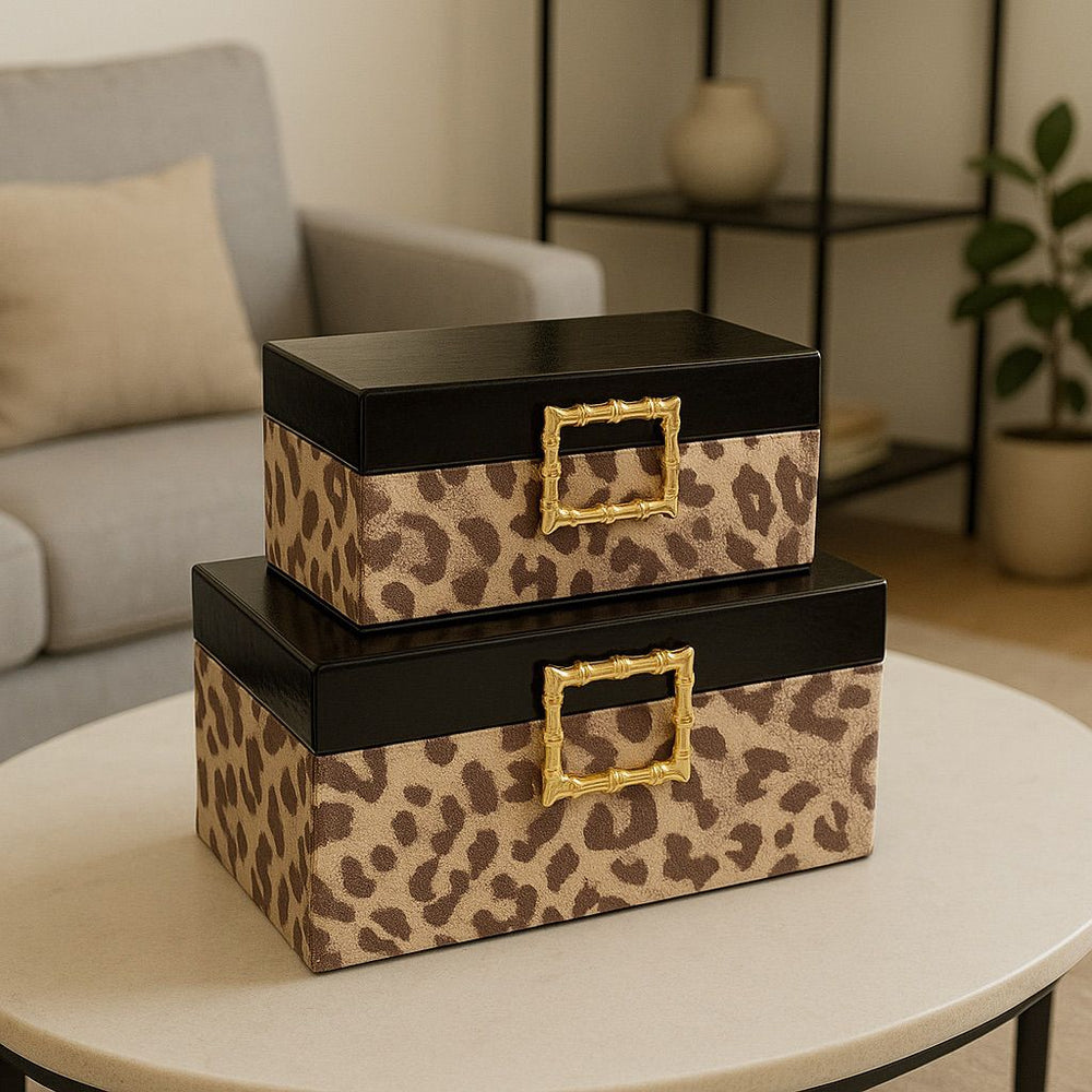 Lyxig Dekorativ Låda Set med Leopardmönster och Kvadratiskt Spänne - Brun  (2-pack)