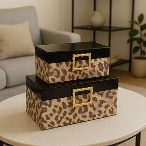 Lyxig Dekorativ Låda Set med Leopardmönster och Kvadratiskt Spänne - Brun  (2-pack)