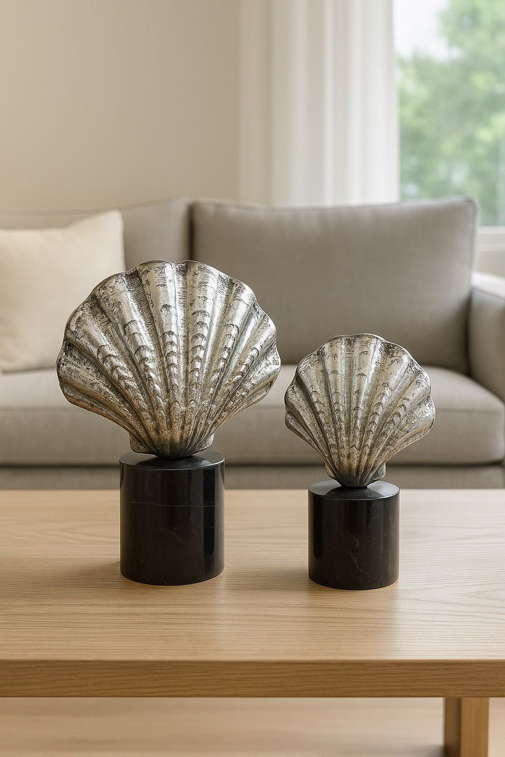 Lyxigt Dekorativt Set Ostronskal (2-pack) / Svart Marmor Bas - Silver