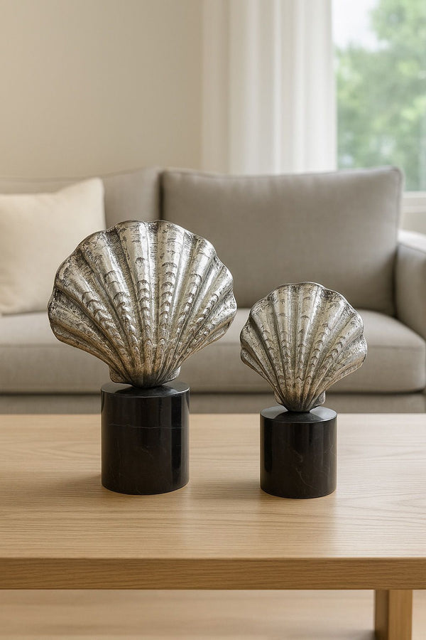 Lyxigt Dekorativt Set Ostronskal (2-pack) / Svart Marmor Bas - Silver