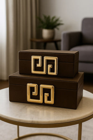 Pana Modell Lyxig Dekorativ Läderlåda Set med Labyrintmönstrat Spänne - Brun (2-pack)