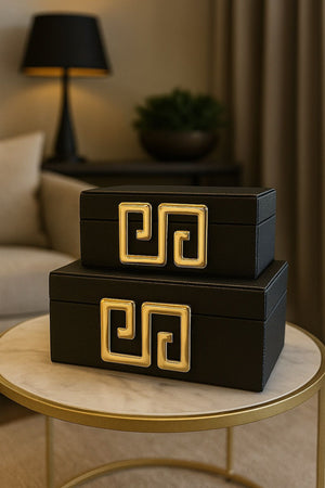 Pana Modell Lyxig Dekorativ Läderlåda Set med Labyrintmönstrat Spänne - Svart (2-pack)