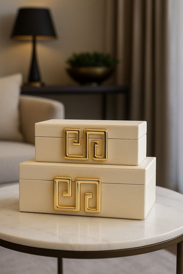 Pana Modell Lyxig Dekorativ Läderlåda Set med Labyrintmönstrat Spänne - Kräm (2-pack)