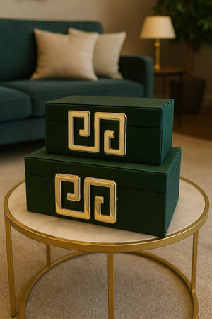 Pana Modell Lyxig Dekorativ Läderlåda Set med Labyrintmönstrat Spänne - Grön (2-pack)