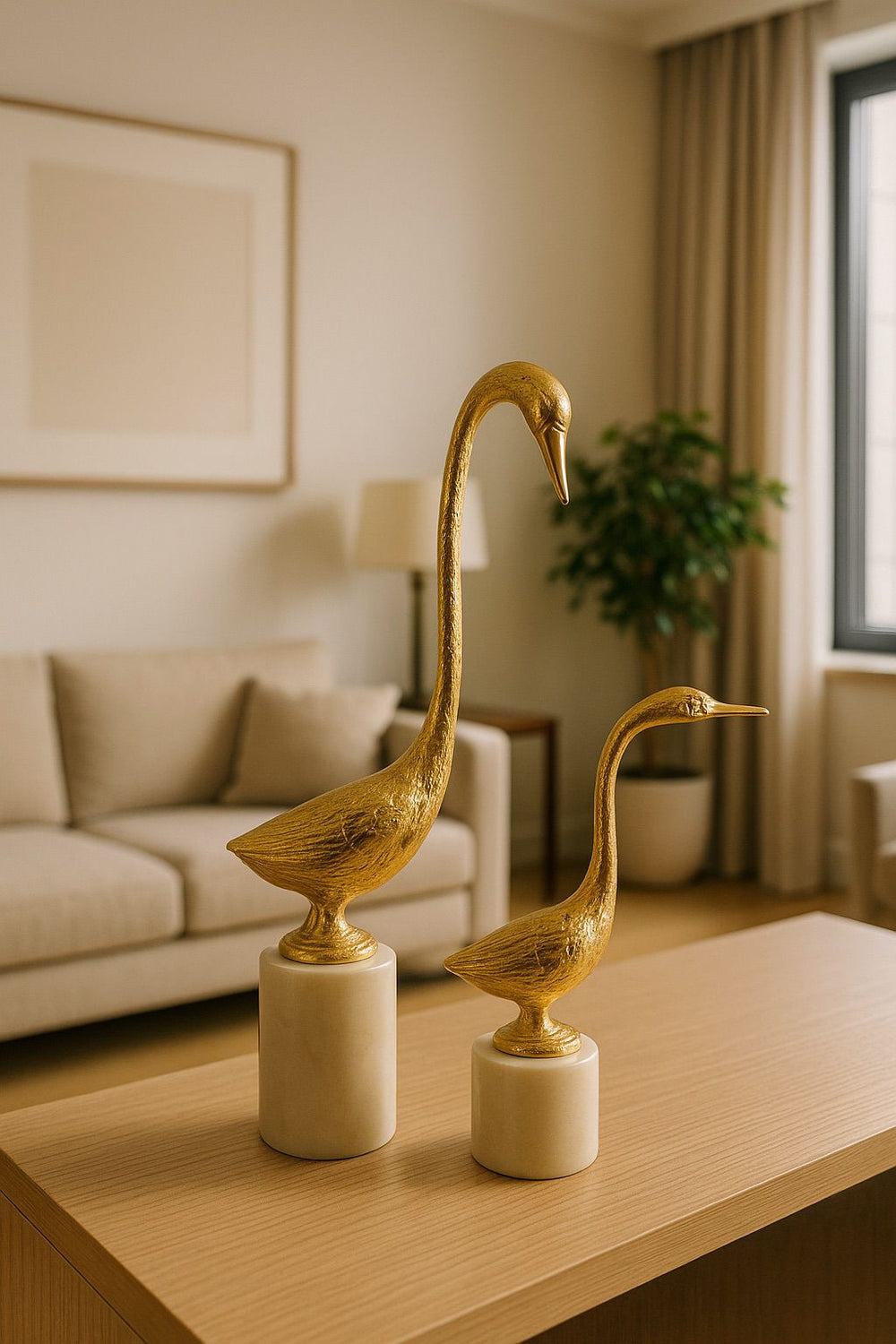 Lyxigt Dekorativt Set Svan Figur (2-pack) / Guld och Marmor Bas - Guld