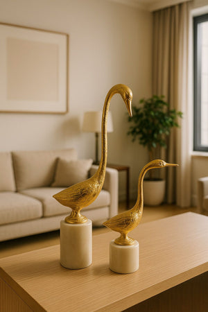 Lyxigt Dekorativt Set Svan Figur (2-pack) / Guld och Marmor Bas - Guld