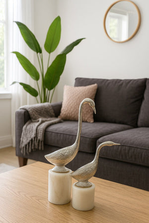 Lyxigt Dekorativt Set Svan Figur (2-pack) / Guld och Marmor Bas - Silver