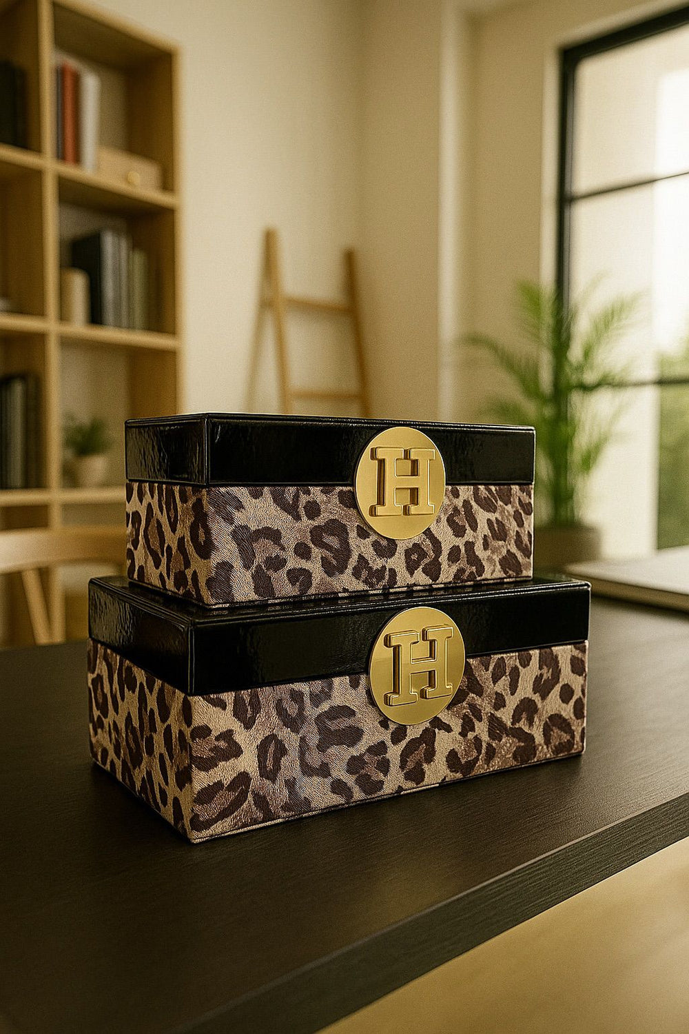 Lyxig Dekorativ Läderlåda Set H-Modell med Leopardmönster - Brun (2-pack)