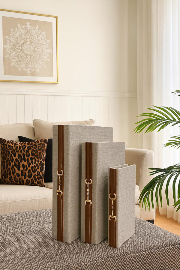 Lyxigt Dekorativt Linne Läder Låda Set - Brun (3-pack)