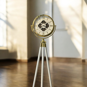 Tripodklocka Med Guldmetallhjul – Vit Träfot (150 × 45 cm)