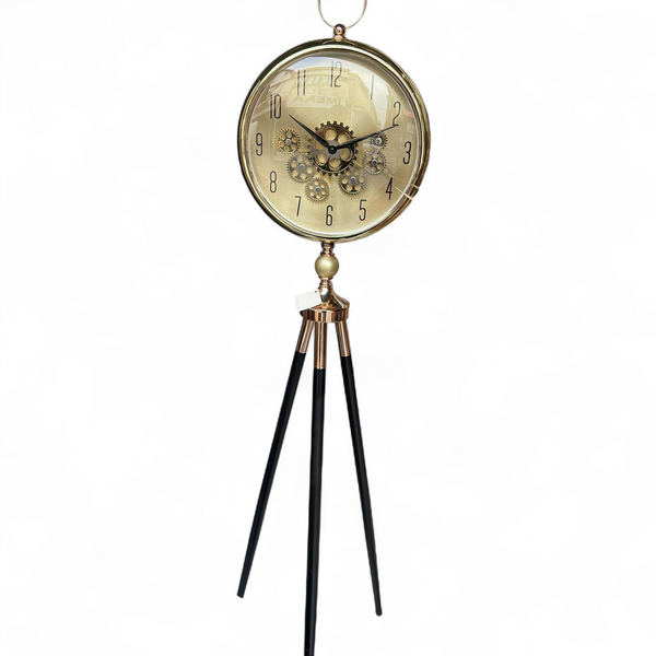 Tripodklocka Med Guldfärgat Metallhjul – Svarta Träben (150 × 45 cm)