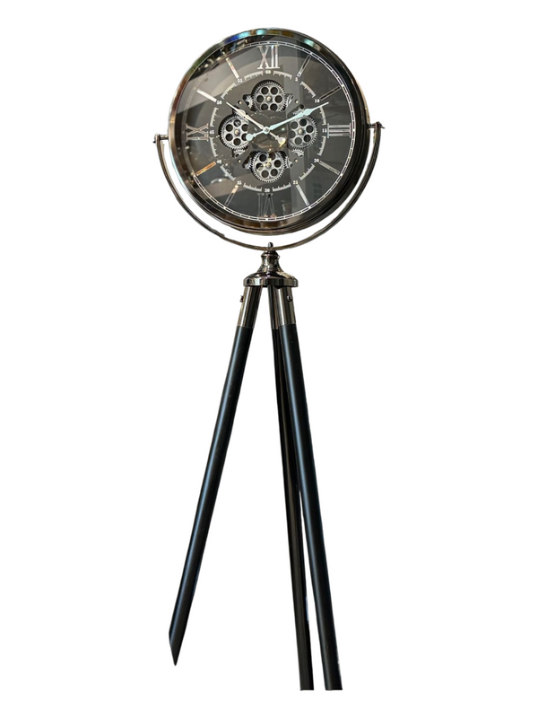 Tripodklocka Med Svart Metallhjul – Antracitfärgade Träben (150 × 45 cm)