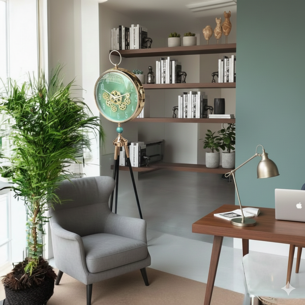 Tripodklocka Med Guldfärgat Metallhjul och Grön Urtavla – Svarta Träben (150 × 45 cm)