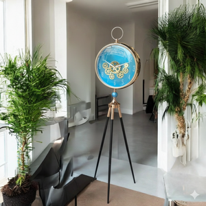 Tripodklocka Med Guldfärgat Metallhjul och Blå Urtavla – Svarta Träben (150 × 45 cm)