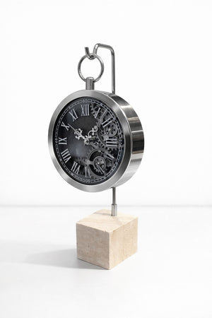 Dekorativ Bordsklocka Metallhölje och Bas i Gjuten Sten - Silver