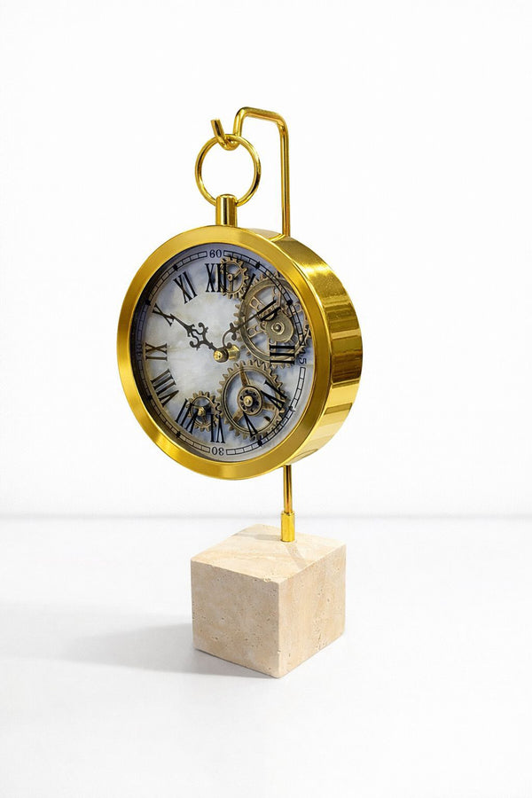 Dekorativ Bordsklocka Metallhölje och Bas i Gjuten Sten - Guld