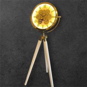 LED-belyst tripodklocka med guldfärgat metallhjul – vita träben (150 × 45 cm)