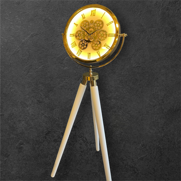 LED-belyst tripodklocka med guldfärgat metallhjul – vita träben (150 × 45 cm)