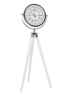 Tripodklocka med silverfärgat metallhjul – vita träben (150 × 45 cm)