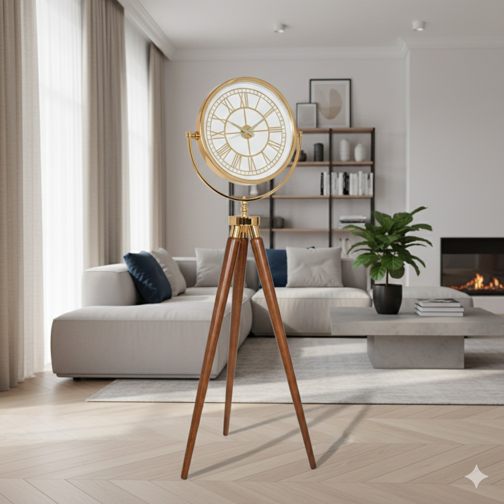 Tripodklocka med guldfärgat metallhjul – bruna träben (150 × 45 cm)