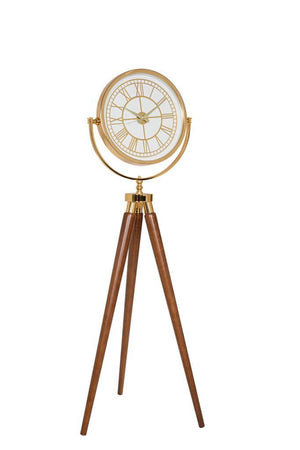 Tripodklocka med guldfärgat metallhjul – bruna träben (150 × 45 cm)
