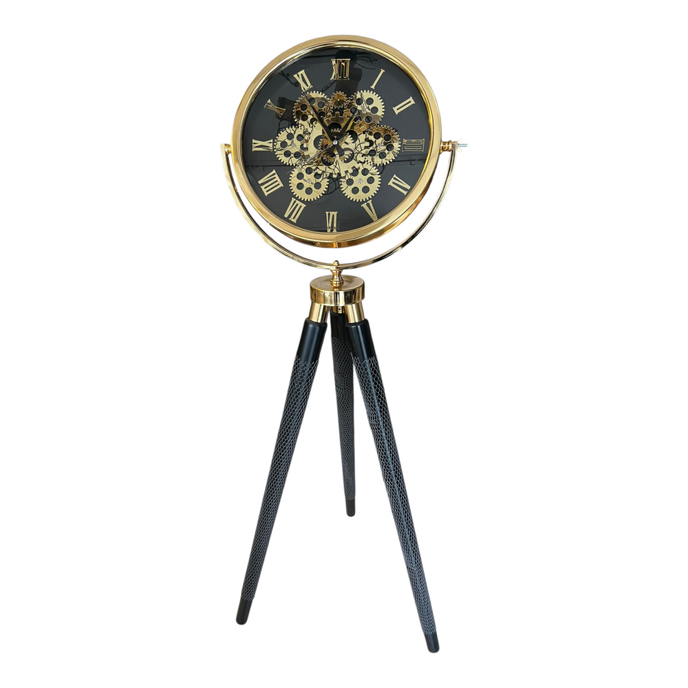 Tripodklocka med guldfärgat metallhjul – svarta träben (150 × 45 cm)
