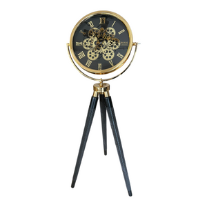 Tripodklocka med guldfärgat metallhjul – svarta träben (150 × 45 cm)