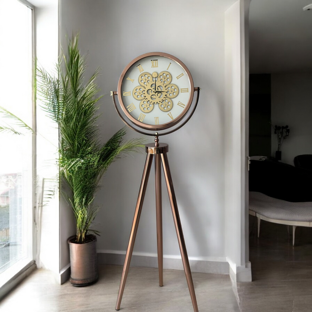 LED-belyst tripodklocka med bronsfärgat krommetallhjul – rosébrons metallben (150 × 45 cm)