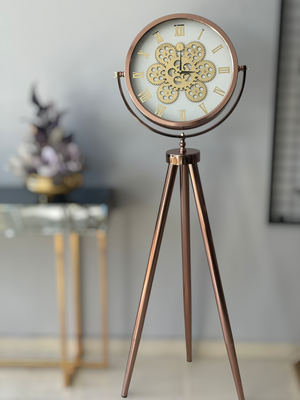 LED-belyst tripodklocka med bronsfärgat krommetallhjul – rosébrons metallben (150 × 45 cm)