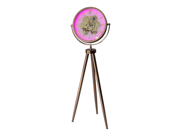 LED-belyst tripodklocka med bronsfärgat krommetallhjul – rosébrons metallben (150 × 45 cm)