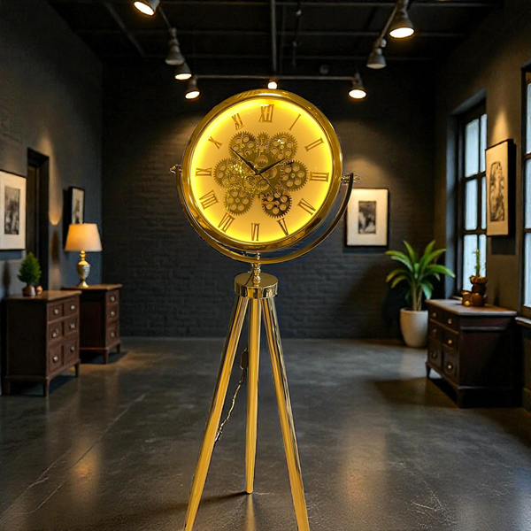 LED-belyst tripodklocka med guldfärgat metallhjul – guldmetallben (150 × 45 cm)
