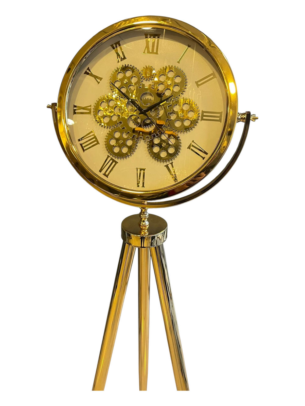 LED-belyst tripodklocka med guldfärgat metallhjul – guldmetallben (150 × 45 cm)