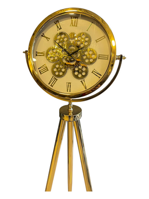 LED-belyst tripodklocka med guldfärgat metallhjul – guldmetallben (150 × 45 cm)